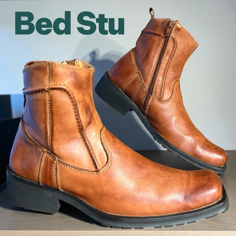 Bed Stu-Men’s 11 side zip boot. Cobbler Series distressed leather. Cognac EUC!